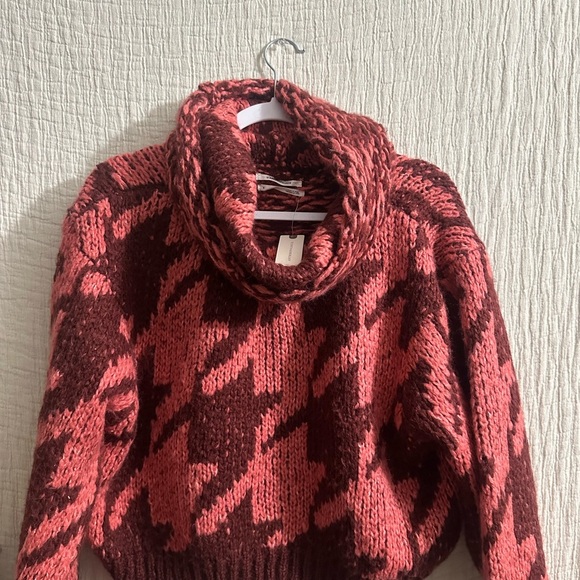 NWT Anthropology Ginny Pink Houndtooth Oversized Cowl neck sweater Sz sm - Picture 3 of 7